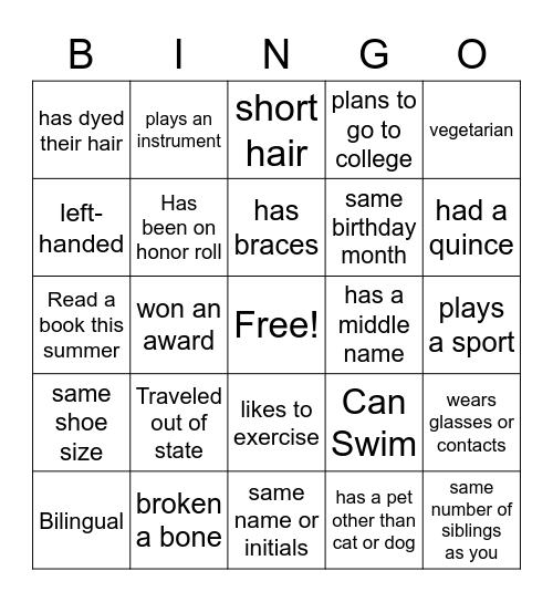 Get to know you BINGO Card