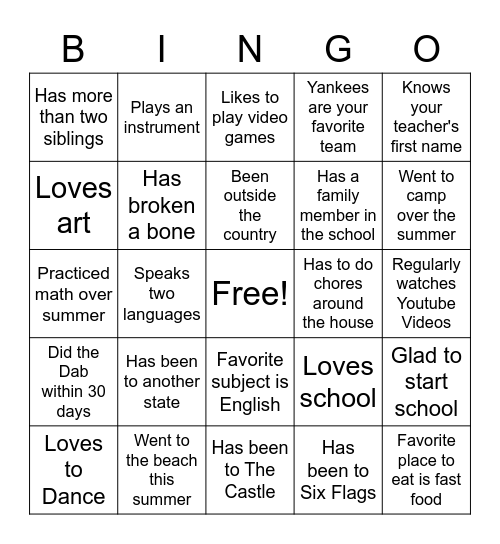 First Day of School Bingo Card