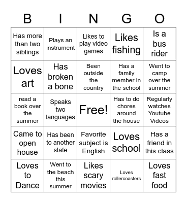 First Day of School Bingo Card