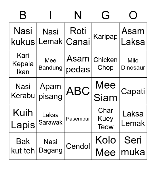 Malaysia 101 Bingo Card