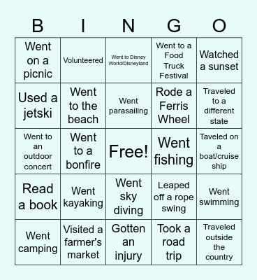 End of Summer Bingo Card