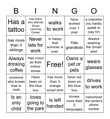 Smart Learning Center Bingo Card