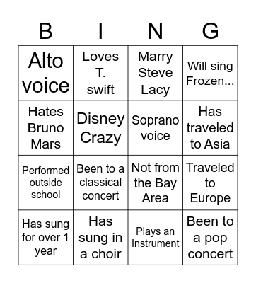 WMS Choir Bingo Card