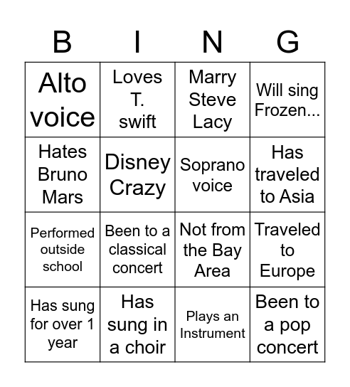 WMS Choir Bingo Card