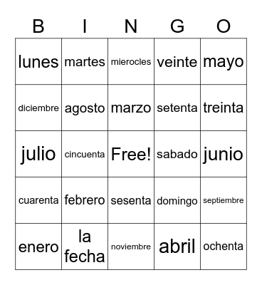 Spanish Preliminary Unit Bingo Card