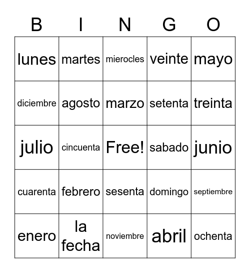 Spanish Preliminary Unit Bingo Card