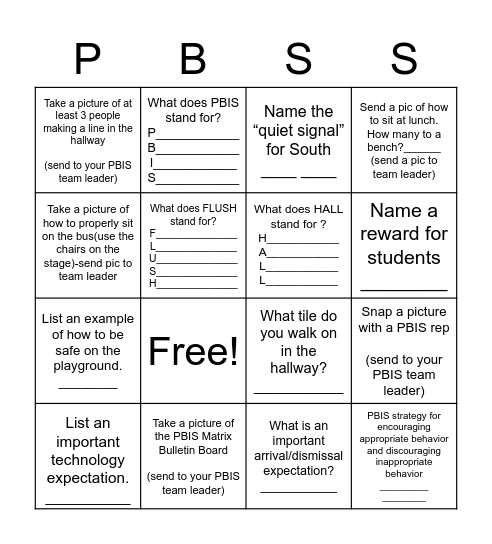 South Staff PBIS BINGO Card