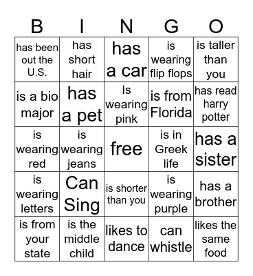 Getting to know you Bingo Card