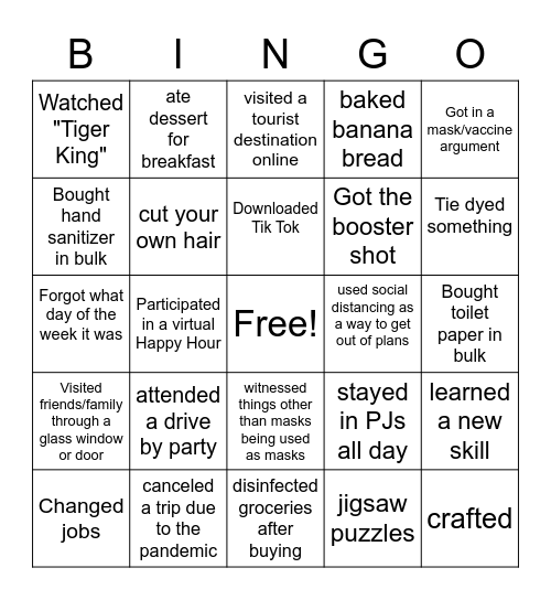 Thins we did and saw during the early pandemic and beyond Bingo Card