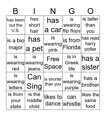 Getting to know you Bingo Card