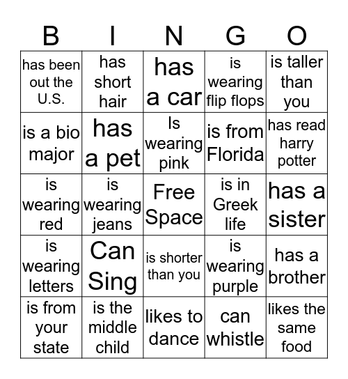 Getting to know you Bingo Card