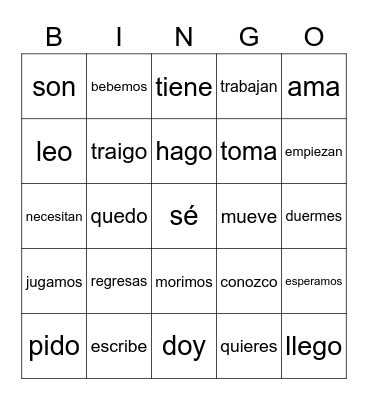 Present Tense Verbs Bingo Card