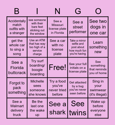 Florida Vacation Bingo! Bingo Card