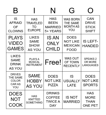 GET TO KNOW YOU BINGO Card