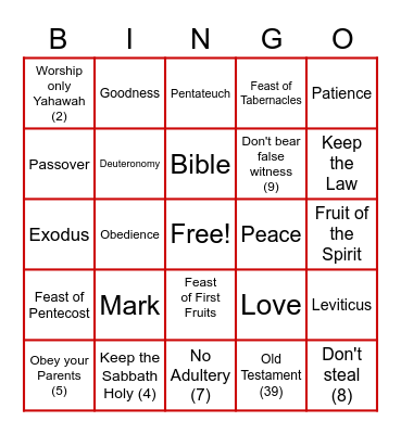 NIOC Children Class Bingo Card