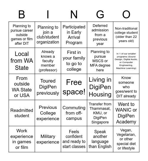 COL 101 Transfer Session Bingo Card