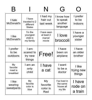 Ice breaker Bingo Card