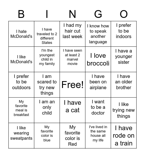 Ice breaker Bingo Card