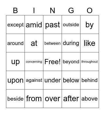 Preposition Bingo Card