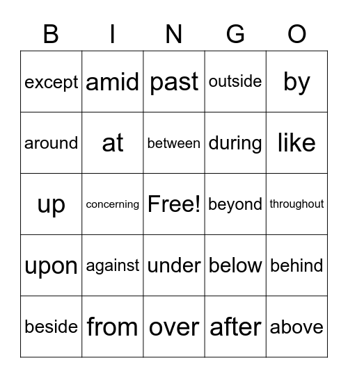 Preposition Bingo Card