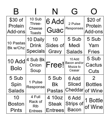 BOSTON PIZZA BINGO CONTEST! Bingo Card