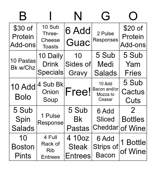 BOSTON PIZZA BINGO CONTEST! Bingo Card