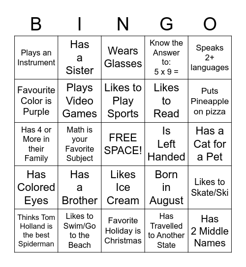 "Get to Know Me" Bingo Card