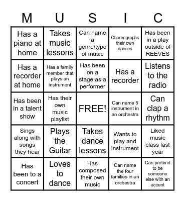 Getting to Know You Music Bingo Card