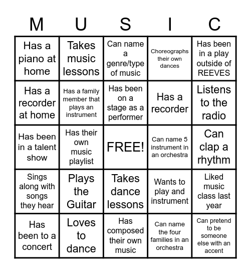 Getting to Know You Music Bingo Card