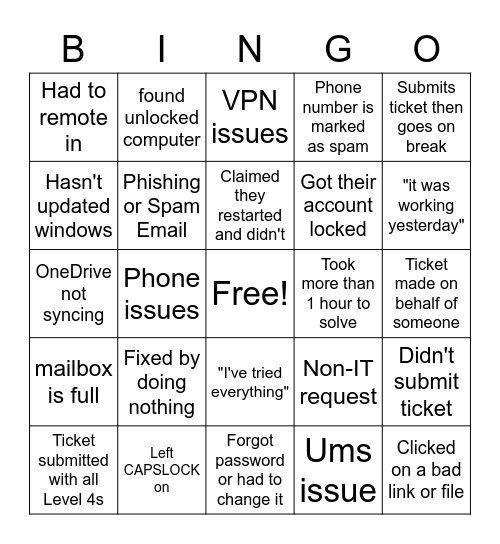 IT Support Bingo Card