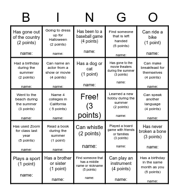 Back to School Bingo         /75 Points Bingo Card