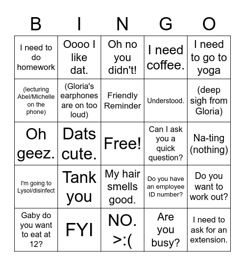 Gloria Bingo Card