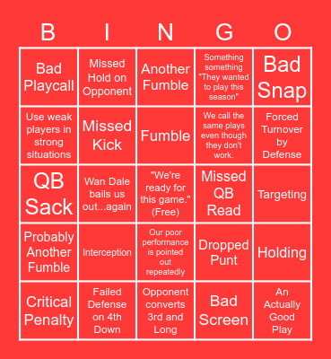 Husker Football Bingo Card