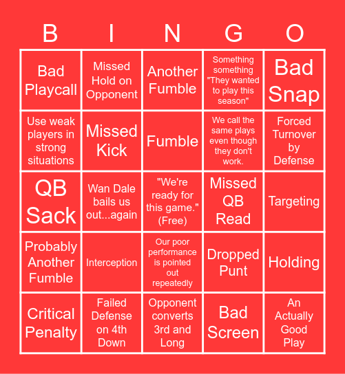 Husker Football Bingo Card