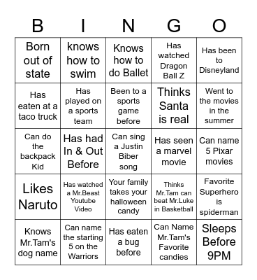 Room 9 Bingo Card