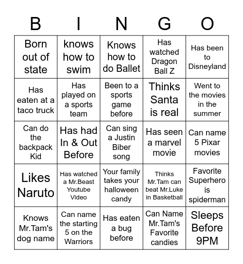 Room 9 Bingo Card