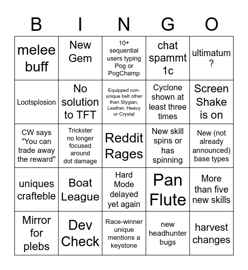 Lake of Kalandra Livestream Bingo Card