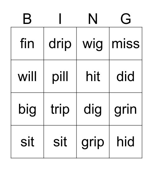 Short I Bingo Card