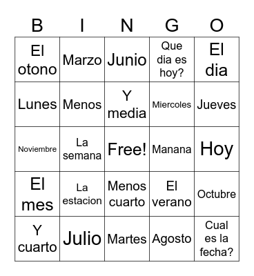 Spanish Phrases Bingo Card