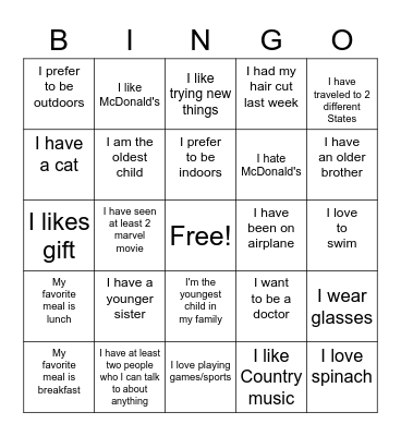 Ice breaker Bingo Card