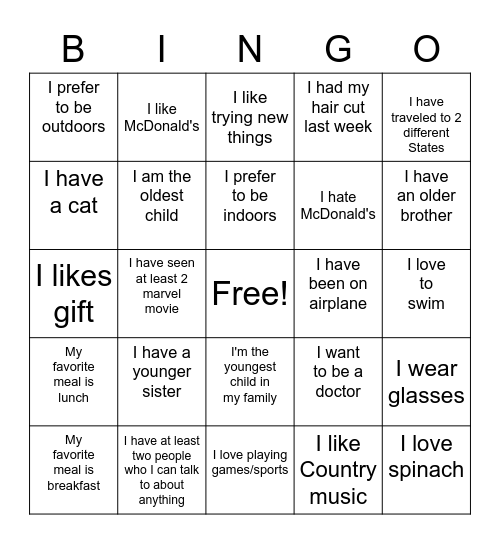 Ice breaker Bingo Card