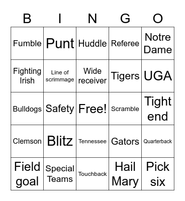LCG's Football Bingo Card