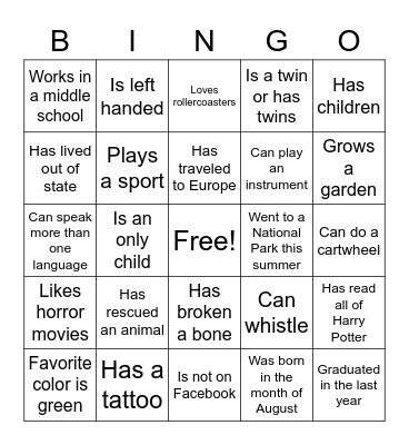 School Based Team Bingo Card