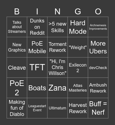 PoE 3.19 Announcement Bingo Card
