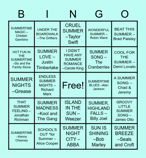 BB Citizens Summer Song Titles Bingo Card