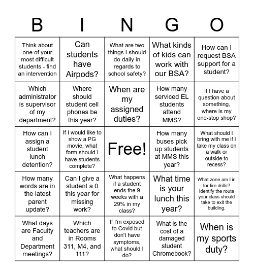 Back to School Bingo! Name: _________ Bingo Card