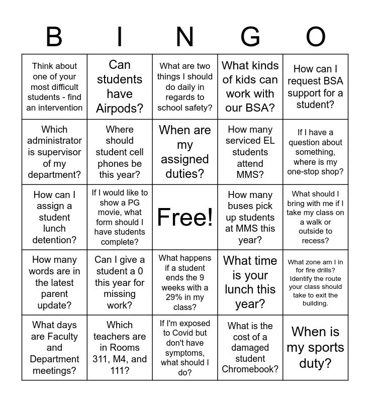 Back to School Bingo! Name: _________ Bingo Card