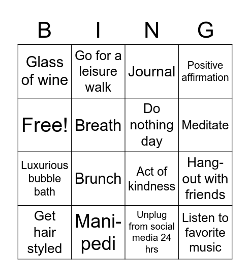 Self - Care Bingo Card