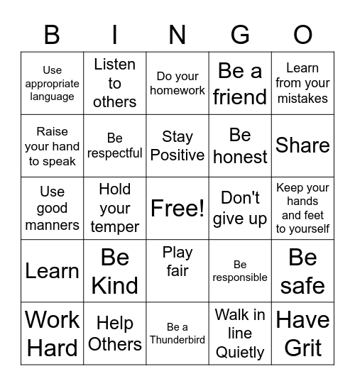 Class Rules Bingo Card