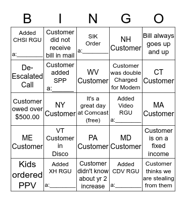 Disconnection Bingo (Please provide acct # for RGU, SIK or SPP) Bingo Card